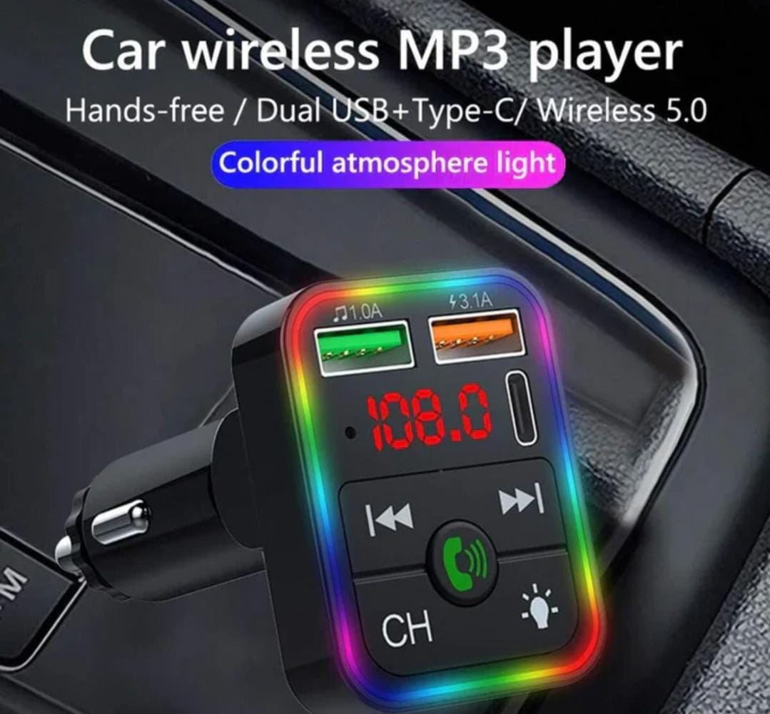 Bluetooth FM Transmitter F2, MP3 Player with USB Flash Drive, Multi-Color Ambient Lightning, Dual USB 3.1 Type-C Fast Charger, and FM