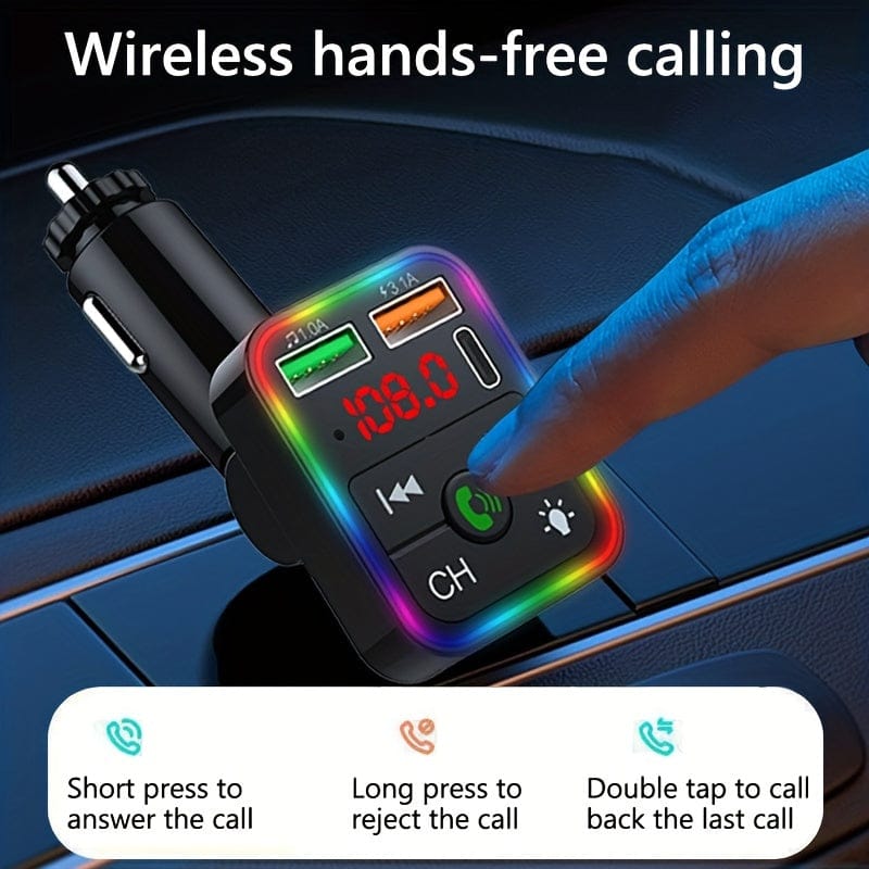 Bluetooth FM Transmitter F2, MP3 Player with USB Flash Drive, Multi-Color Ambient Lightning, Dual USB 3.1 Type-C Fast Charger, and FM